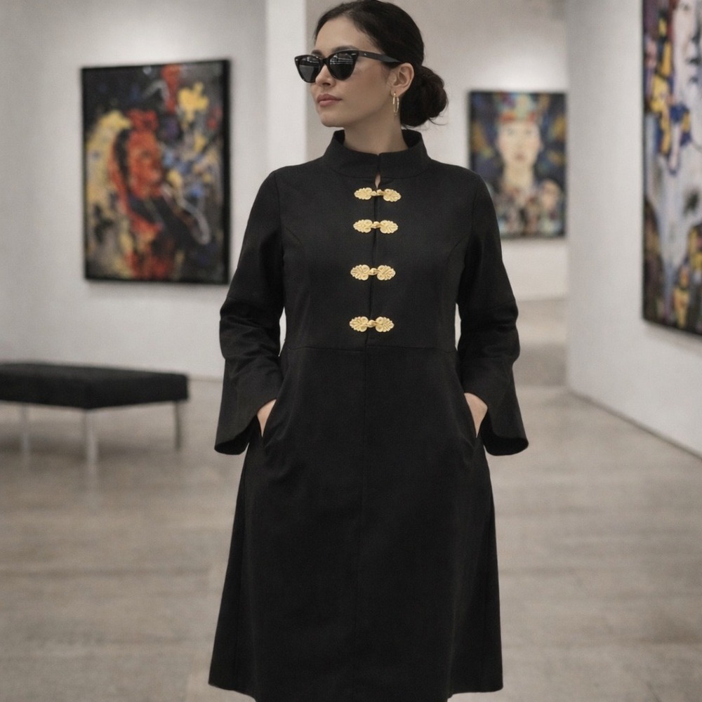 Stylewe Black Dress 2XL, Mandarin Collar, Frog Closures, Flare Sleeve